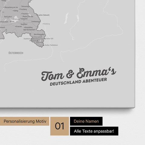 Deutschland-Karte als Pinnwand Leinwand in Hellgrau mit Personalisierung und Eindruck mit deinem Namen