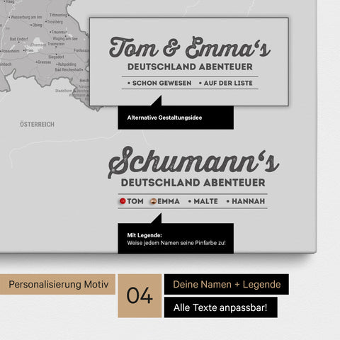 Pinnwand Leinwand einer Deutschland-Karte in Hellgrau mit Personalisierung als Logo mit Familiennamen