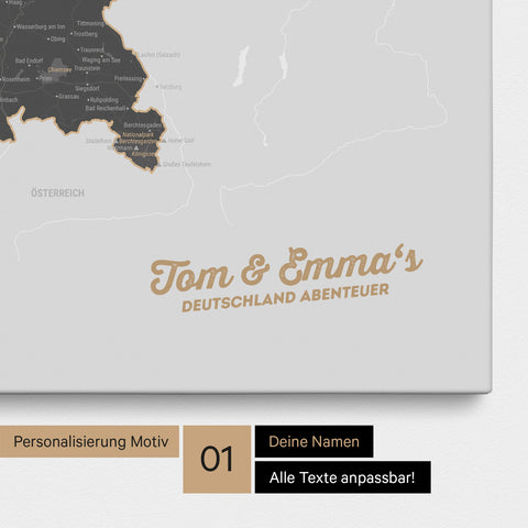 Deutschland-Karte als Pinnwand Leinwand in Grau mit Personalisierung und Eindruck mit deinem Namen