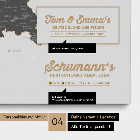 Pinnwand Leinwand einer Deutschland-Karte in Light Gray mit Personalisierung als Logo mit Familiennamen