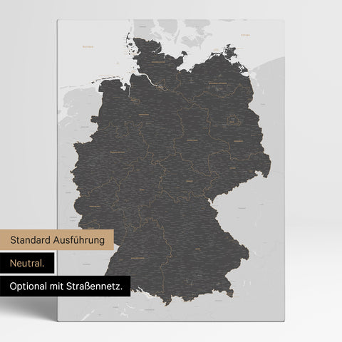 Neutrale und schlichte Standard-Ausführung einer Deutschland-Karte als Pinn-Leinwand in Light Gray