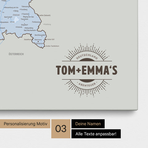 Deutschland-Karte als Pinn-Leinwand in Multicolor Atlas (Politische Karte) mit eingedruckten Namen als Logo in Form einer Sonne