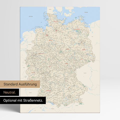 Neutrale und schlichte Standard-Ausführung einer Deutschland-Karte als Pinn-Leinwand in Multicolor Classic