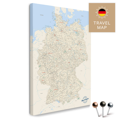 Deutschland-Karte in Multicolor Classic als Pinnwand Leinwand zum Pinnen und Markieren von Reisezielen kaufen