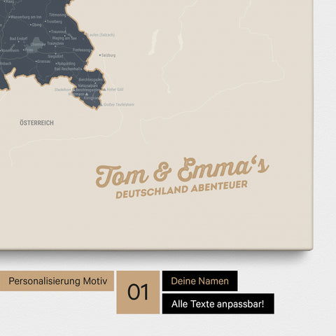 Deutschland-Karte als Pinnwand Leinwand in Navy Light mit Personalisierung und Eindruck mit deinem Namen
