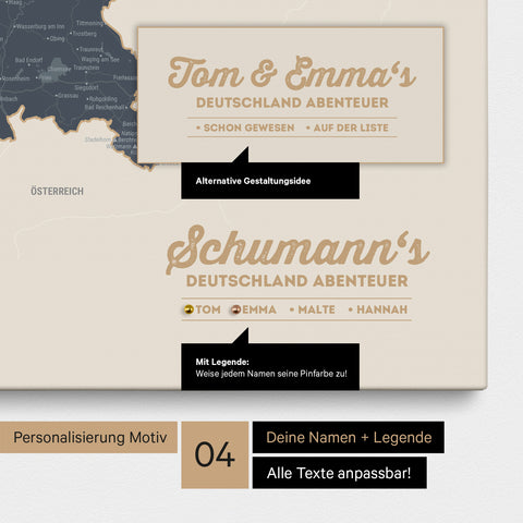 Pinnwand Leinwand einer Deutschland-Karte in Navy Light mit Personalisierung als Logo mit Familiennamen