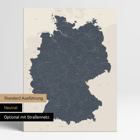 Neutrale und schlichte Standard-Ausführung einer Deutschland-Karte als Pinn-Leinwand in Navy Light