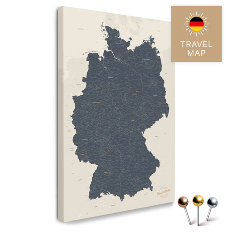 Deutschland-Karte in Navy Light als Pinnwand Leinwand zum Pinnen und Markieren von Reisezielen kaufen