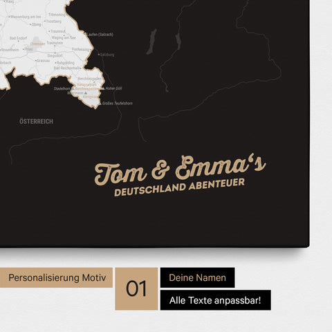 Deutschland-Karte als Pinnwand Leinwand in Schwarz-Weiss mit Personalisierung und Eindruck mit deinem Namen