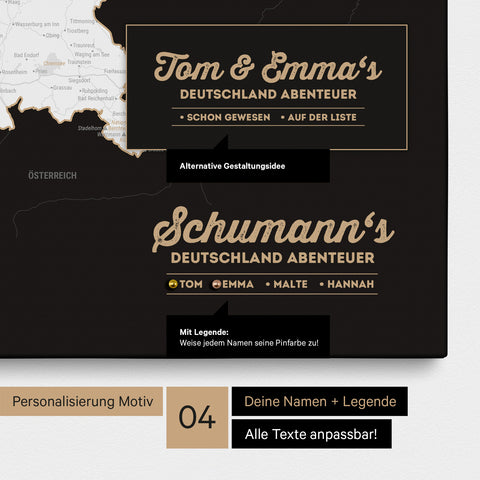 Pinnwand Leinwand einer Deutschland-Karte in Schwarz-Weiss mit Personalisierung als Logo mit Familiennamen