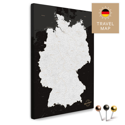Deutschland-Karte in Schwarz-Weiß als Pinnwand Leinwand zum Pinnen und Markieren von Reisezielen kaufen
