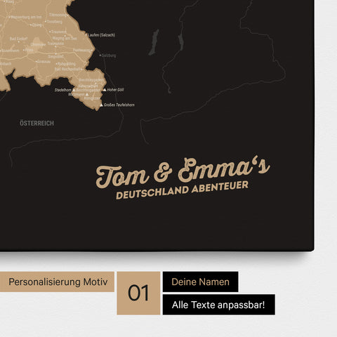 Deutschland-Karte als Pinnwand Leinwand in Sonar Black mit Personalisierung und Eindruck mit deinem Namen