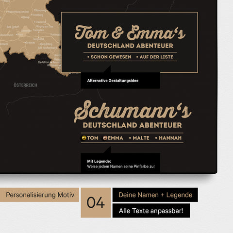 Pinnwand Leinwand einer Deutschland-Karte in Sonar Black mit Personalisierung als Logo mit Familiennamen
