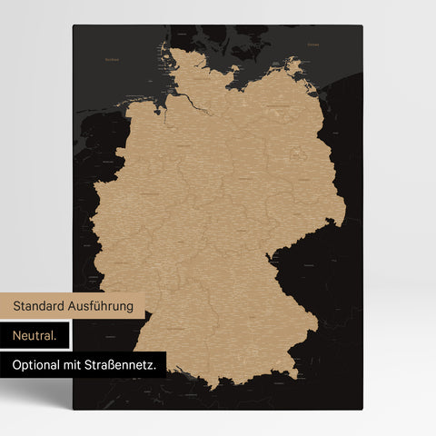 Neutrale und schlichte Standard-Ausführung einer Deutschland-Karte als Pinn-Leinwand in Sonar Black (Schwarz-Gold)