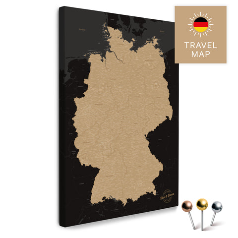 Deutschland-Karte in Sonar Black (Schwarz-Gold) als Pinnwand Leinwand zum Pinnen und Markieren von Reisezielen kaufen