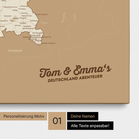 Deutschland-Karte als Pinnwand Leinwand in Treasure Gold mit Personalisierung und Eindruck mit deinem Namen