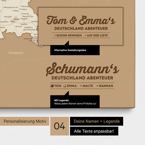 Pinnwand Leinwand einer Deutschland-Karte in Treasure Gold mit Personalisierung als Logo mit Familiennamen