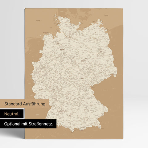 Neutrale und schlichte Standard-Ausführung einer Deutschland-Karte als Pinn-Leinwand in Treasure Gold