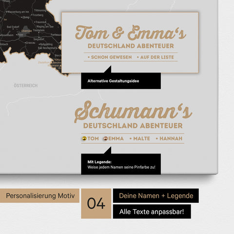 Pinnwand Leinwand einer Deutschland-Karte in Weiss-Schwarz mit Personalisierung als Logo mit Familiennamen
