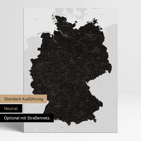 Neutrale und schlichte Standard-Ausführung einer Deutschland-Karte als Pinn-Leinwand in Light Black (Weiß Schwarz)