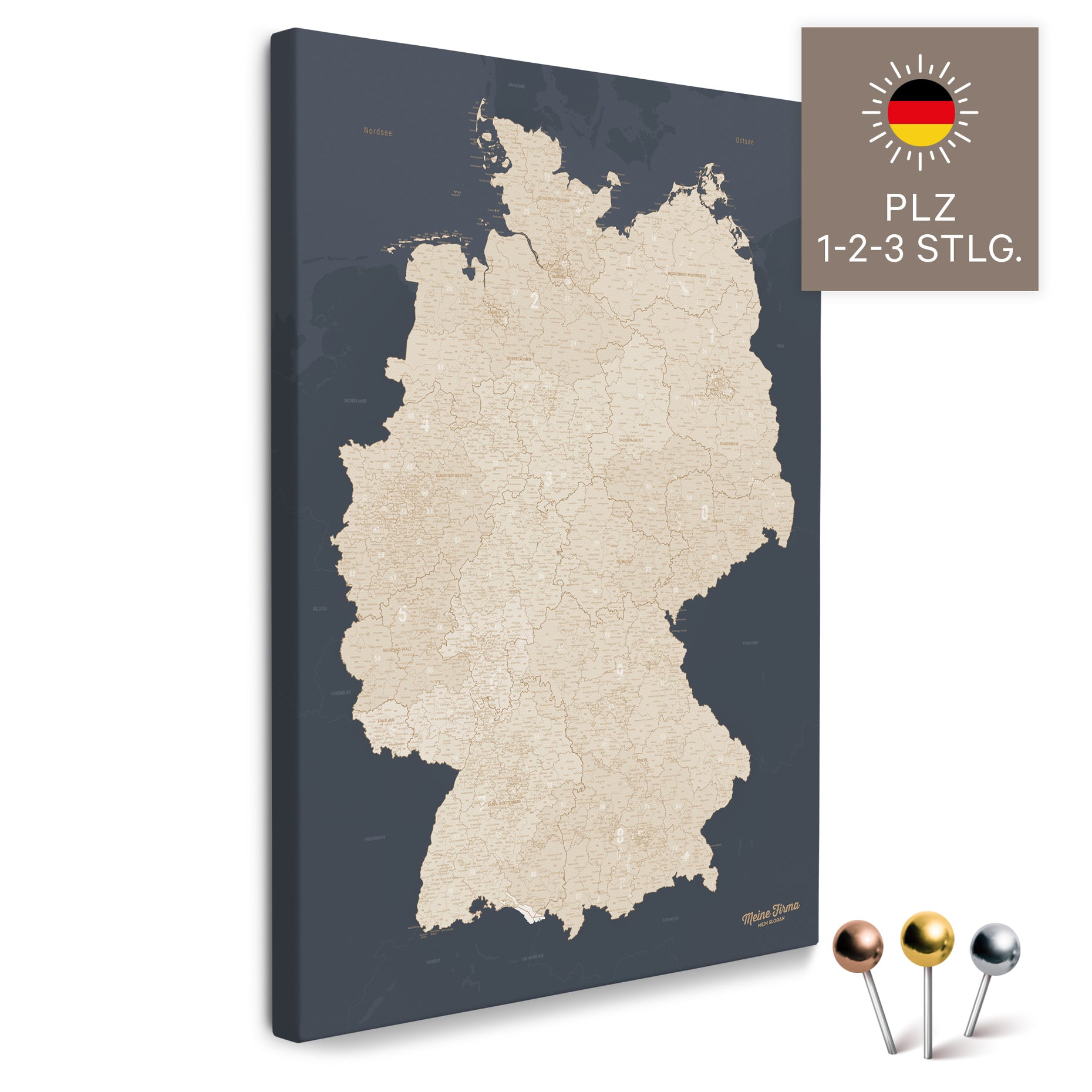 Germany Map with ZIPCodes Push Pinboard Hale Navy Breuers Weltkarten