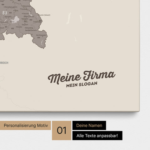 Deutschland-Karte mit Postleitzahlen als Pinnwand Leinwand in Warmgray (Braun-Grau) mit Personalisierung und Eindruck von Namen
