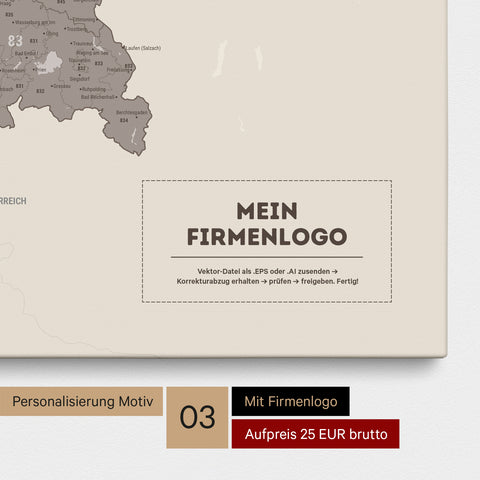 Deutschland-Karte mit Postleitzahlen als Pinn-Leinwand in Warmgray (Braun-Grau) mit Eindruck des Firmenlogos