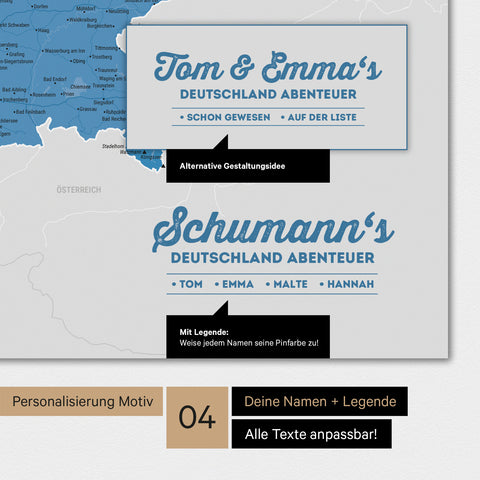Poster einer Deutschland-Karte in Blau mit Personalisierung als Logo mit Familiennamen