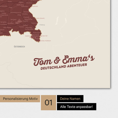 Deutschland-Karte als Poster in Bordeaux Rot mit Personalisierung und Eindruck mit deinem Namen