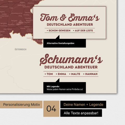 Poster einer Deutschland-Karte in Bordeaux Rot mit Personalisierung als Logo mit Familiennamen