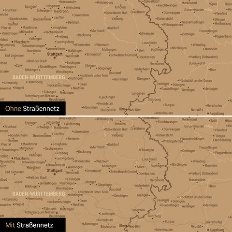 Deutschland-Karte Poster in Bronze wahlweise mit oder ohne Straßennetz