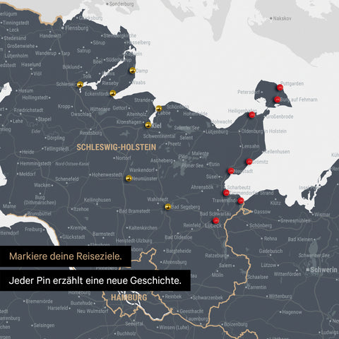 Detail einer Deutschland-Karte als Poster in Denim Blue mit Pins in Schleswig-Holstein