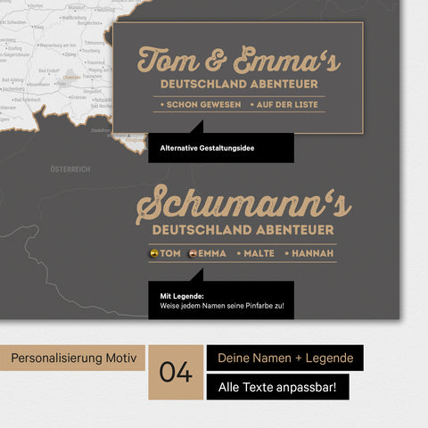 Poster einer Deutschland-Karte in Dunkelgrau mit Personalisierung als Logo mit Familiennamen