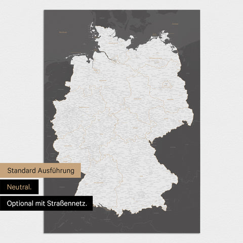 Neutrale und schlichte Standard-Ausführung einer Deutschland-Karte als Poster in Dunkelgrau