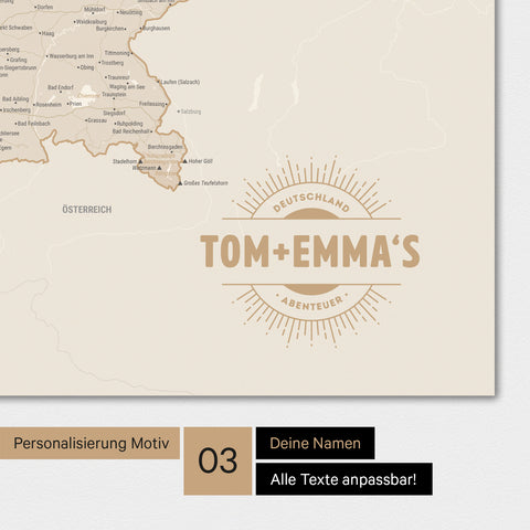 Deutschland-Karte als Poster in Gold mit eingedruckten Namen als Logo in Form einer Sonne