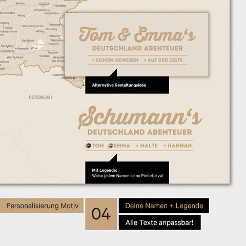 Poster einer Deutschland-Karte in Gold mit Personalisierung als Logo mit Familiennamen
