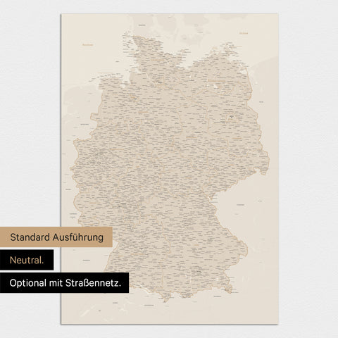Neutrale und schlichte Standard-Ausführung einer Deutschland-Karte als Poster in Gold