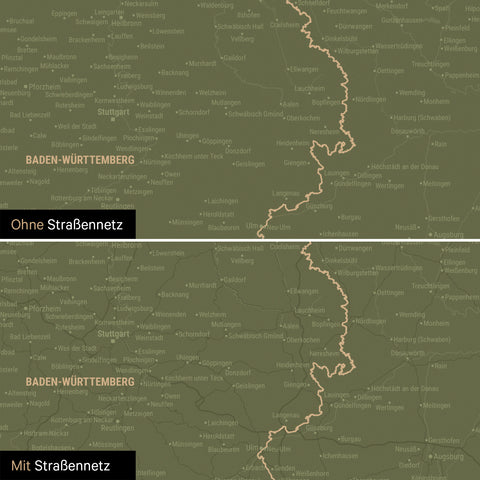 Deutschland-Karte Poster in Olivgrün wahlweise mit oder ohne Straßennetz