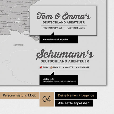Poster einer Deutschland-Karte in Hellgrau mit Personalisierung als Logo mit Familiennamen