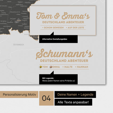 Poster einer Deutschland-Karte in Light Gray mit Personalisierung als Logo mit Familiennamen