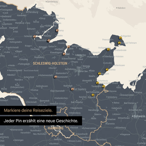 Detail einer Deutschland-Karte als Poster in Navy Light mit Pins in Schleswig-Holstein