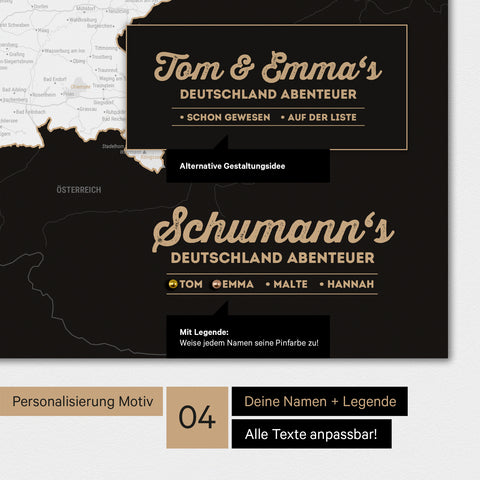 Poster einer Deutschland-Karte in Schwarz-Weiss mit Personalisierung als Logo mit Familiennamen