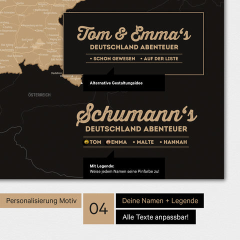 Poster einer Deutschland-Karte in Sonar Black mit Personalisierung als Logo mit Familiennamen