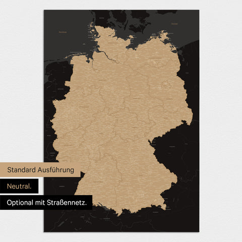 Neutrale und schlichte Standard-Ausführung einer Deutschland-Karte als Poster in Sonar Black