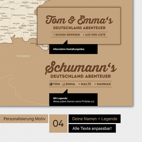 Poster einer Deutschland-Karte in Treasure Gold mit Personalisierung als Logo mit Familiennamen