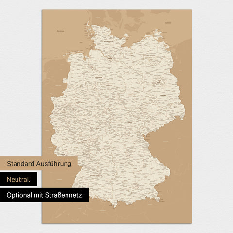 Neutrale und schlichte Standard-Ausführung einer Deutschland-Karte als Poster in Treasure Gold