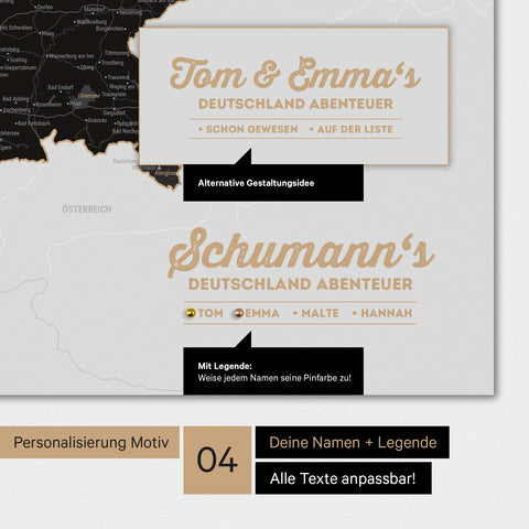 Poster einer Deutschland-Karte in Light Black (Weiß Schwarz) mit Personalisierung als Logo mit Familiennamen