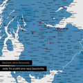 Detail of an England & Great Britain map as a blue pinboard canvas featuring a map section of Scotland