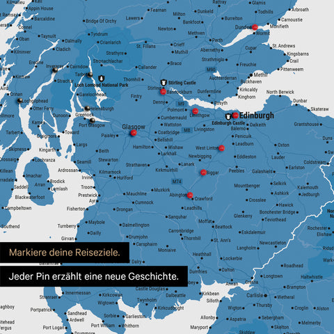 Detail of an England & Great Britain map as a blue pinboard canvas featuring a map section of Scotland