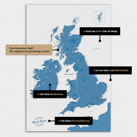 Vielfältige Konfigurationsmöglichkeiten einer England-Karte in Blau